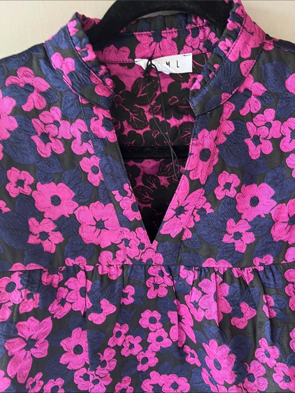 Floral Puff Sleeve Top in Hot Pink and Navy - Picture 2 of 4